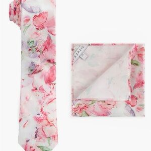 Azazie Pink Abstract Watercolor Floral Tie & Pocket Square:Free with Paid Dress